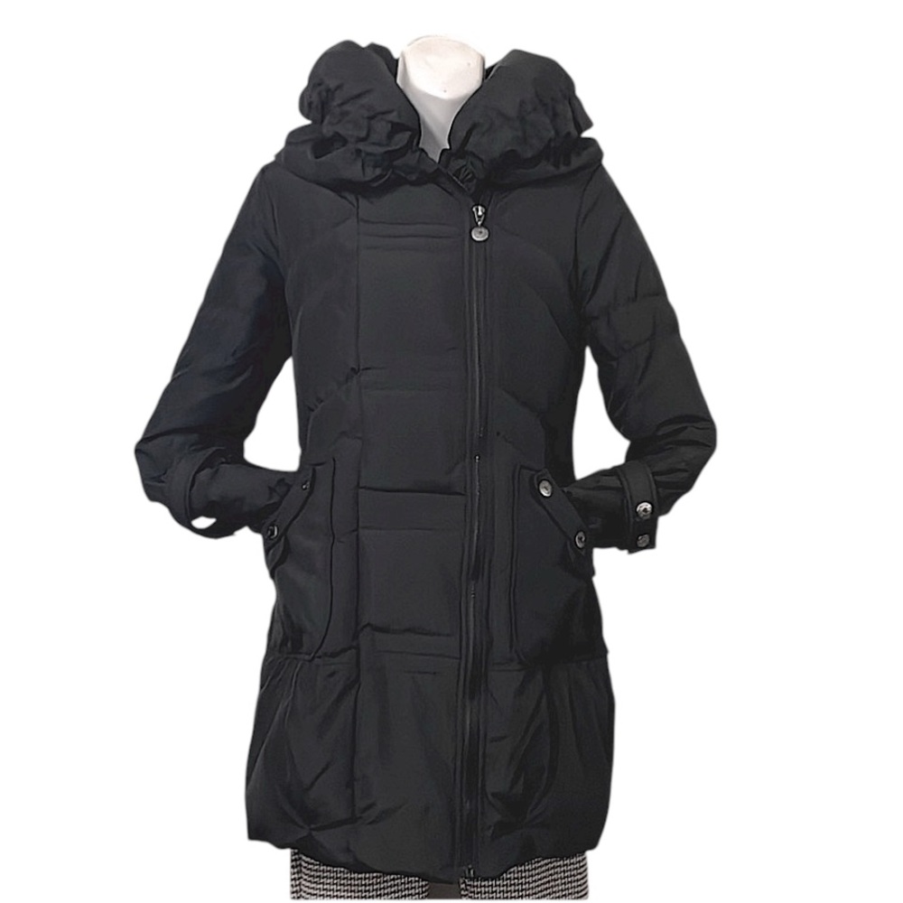 Betsy Johnson Black Quilted Mid-length Down Filled Feather Puffy Collar Ski Coat